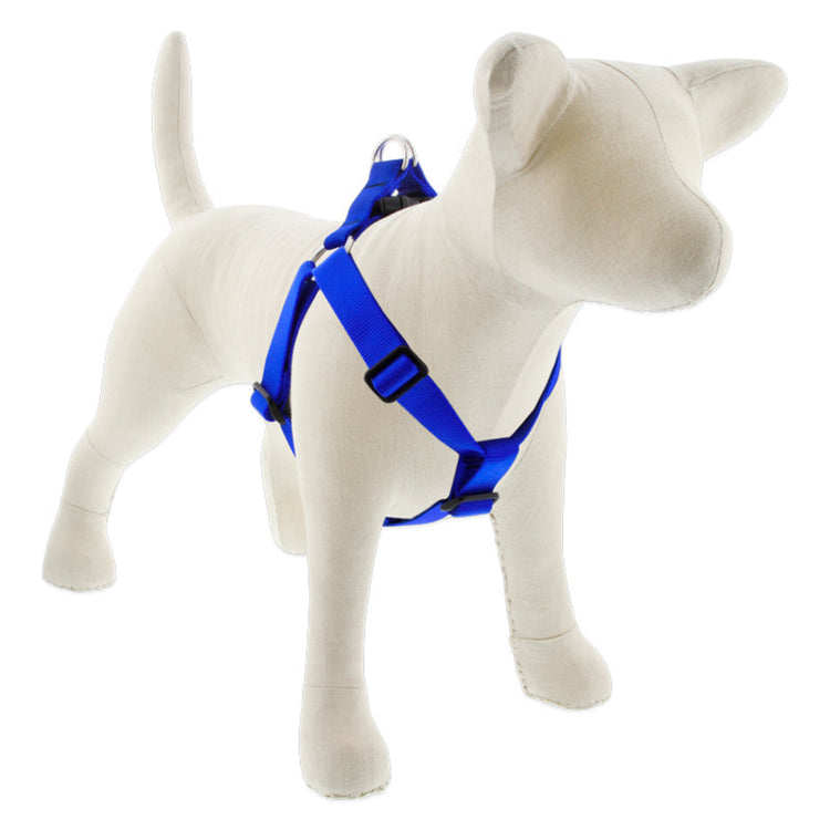 1” Basic Solids Blue Step In dog harness on a stuffed dog with white background