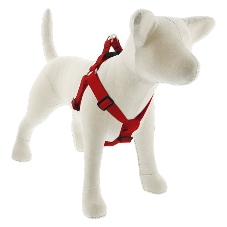1” Brick Red Waterproof Step In dog harness in coated BioThane® webbing seen on a stuffed dog with white background