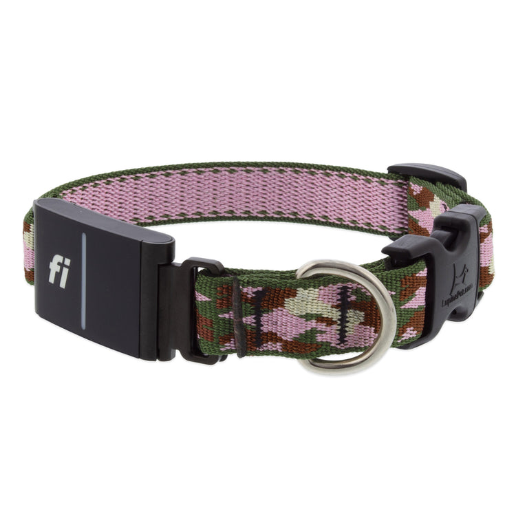 Pink camo dog collar design with Fi GPS receiver. 
