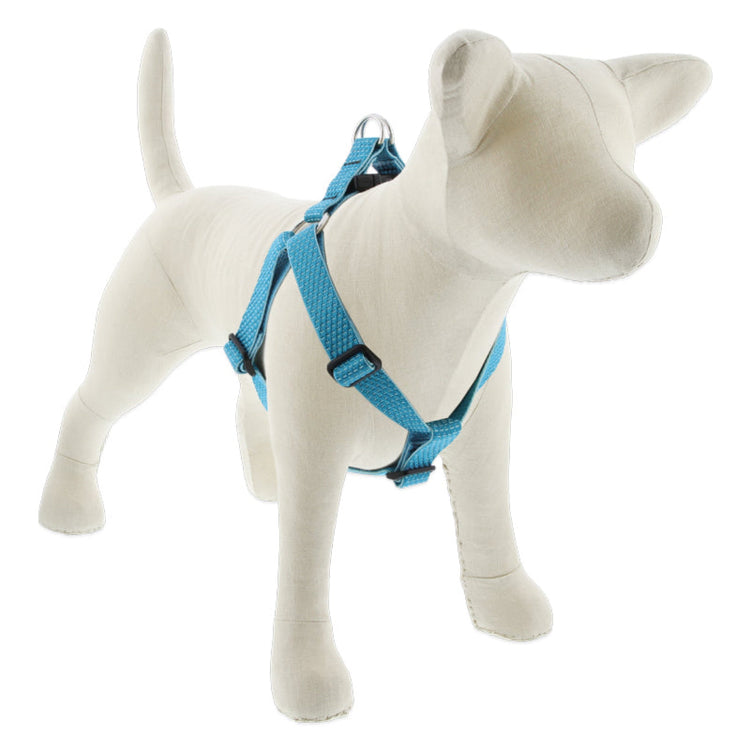 1” Eco Tropical Sea Step In dog harness on a stuffed dog with white background