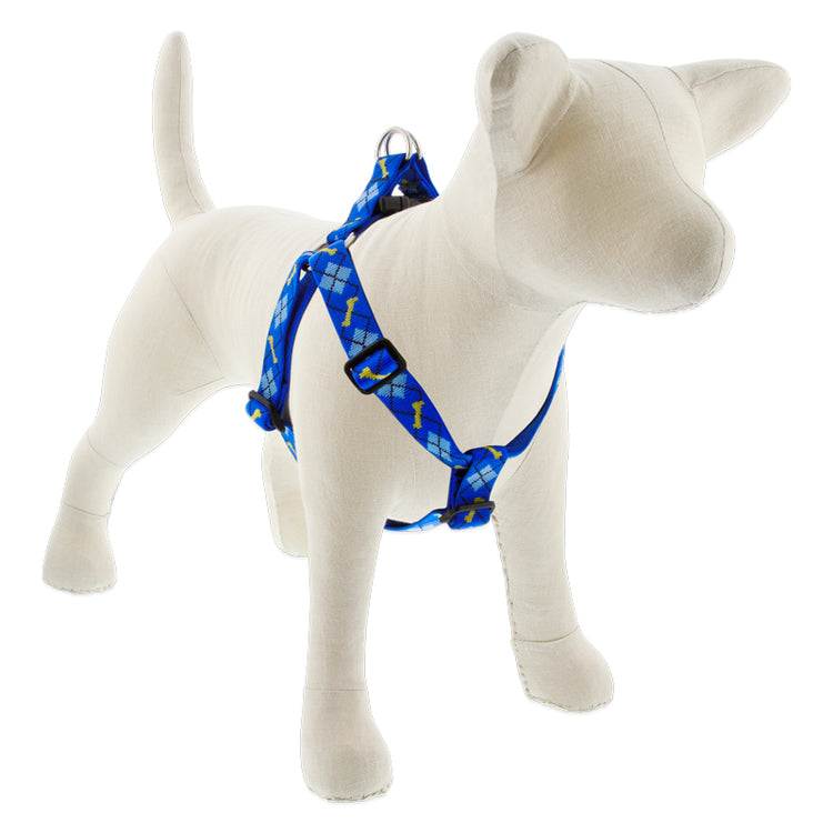 Step-in dog harness in blue Dapper Dog design on a stuffed dog with a white background 