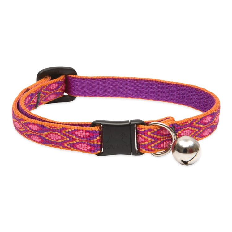 Breakaway cat collar with a safety buckle, bell and D-ring in the Alpen Glow design