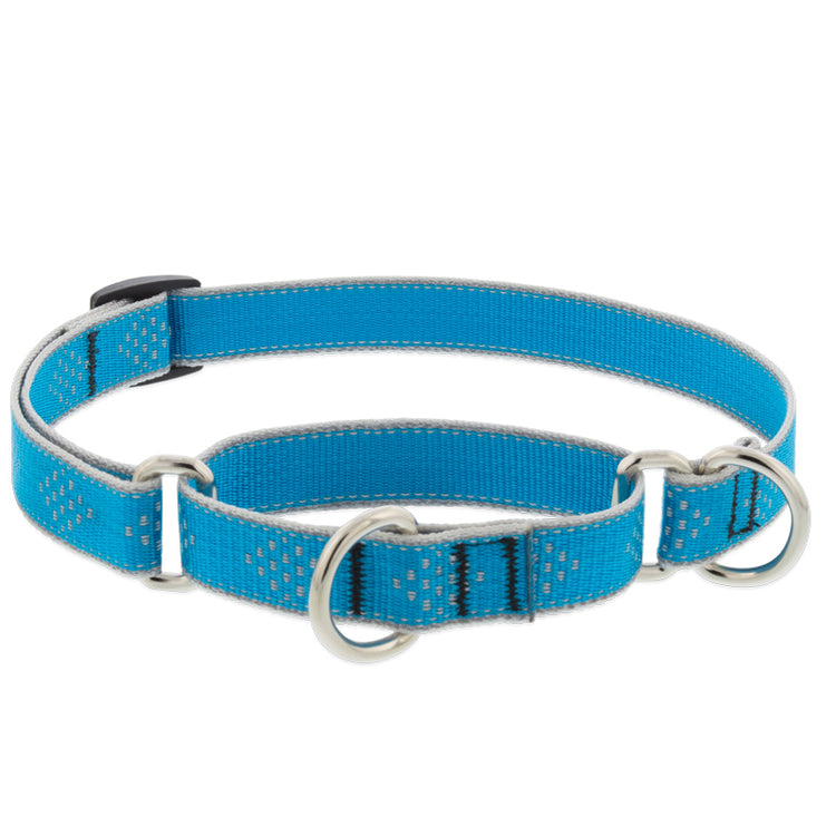 ¾” Reflective Blue Diamond martingale neon cyan with reflective border and repeating diamond