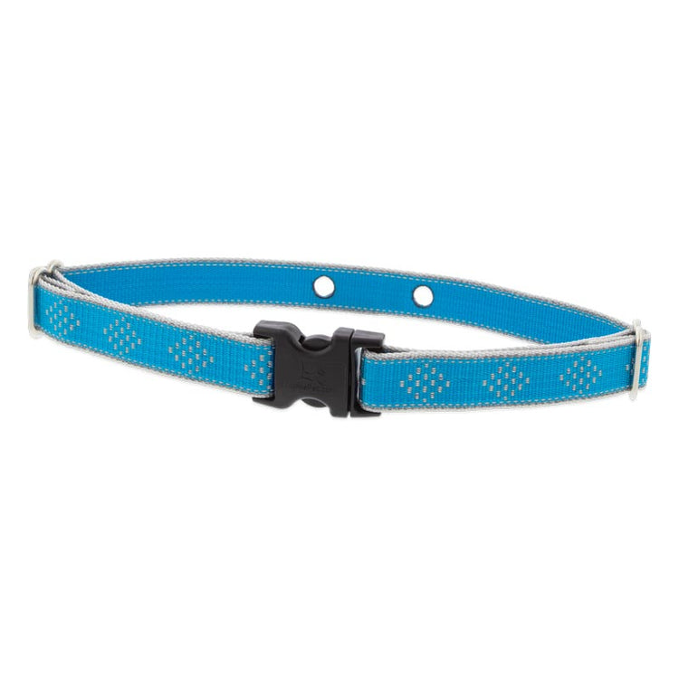 3/4" Underground fence dog collar with two contact holes and a side-release buckle in the Blue Diamond reflective design