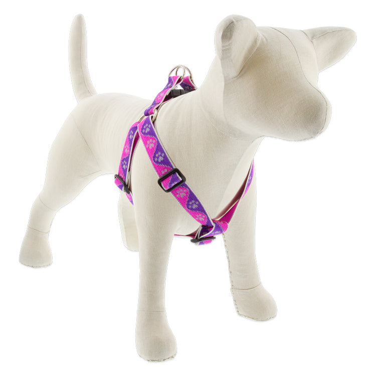 1” Pink Paws Step In dog harness pink and purple wave and paws design on a stuffed dog with white background