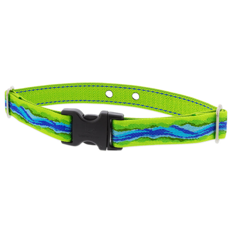 1" Underground fence dog collar with two contact holes and a side-release buckle in the Blue River design
