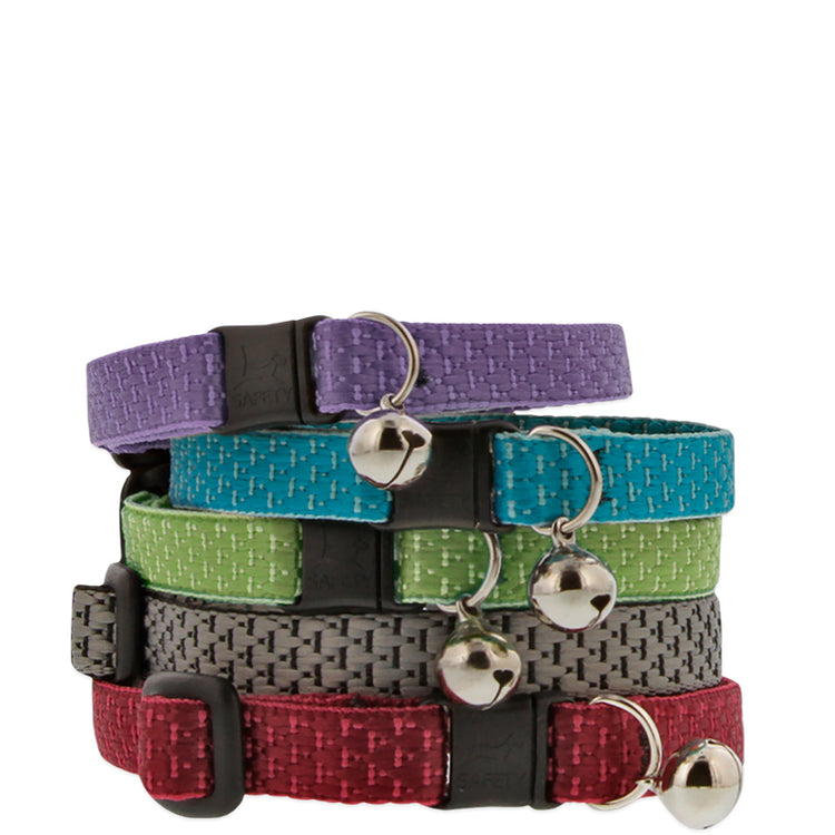 Eco cat collars with bells in assorted colors by LupinePet on a white background