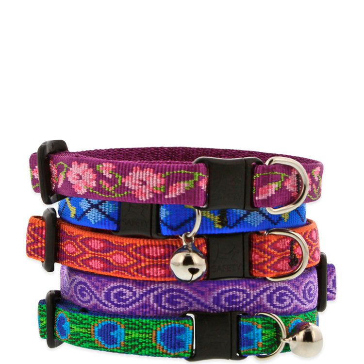 Assorted Original Designs cat safety breakaway collars on a white background