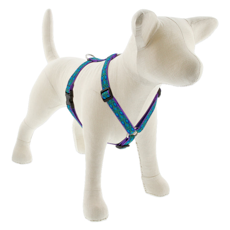Rain Song roman dog harness on a stuffed dog with white background