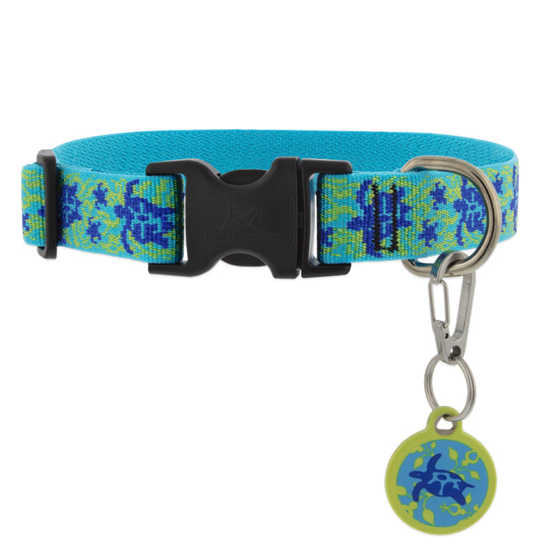 Tag Clip and Pet ID Tag on Turtle Reef dog collar