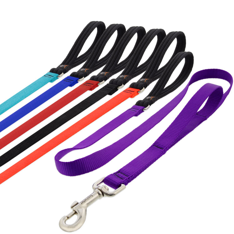 Basic Solids by LupinePet double handle dog leashes in assorted colors on a white background
