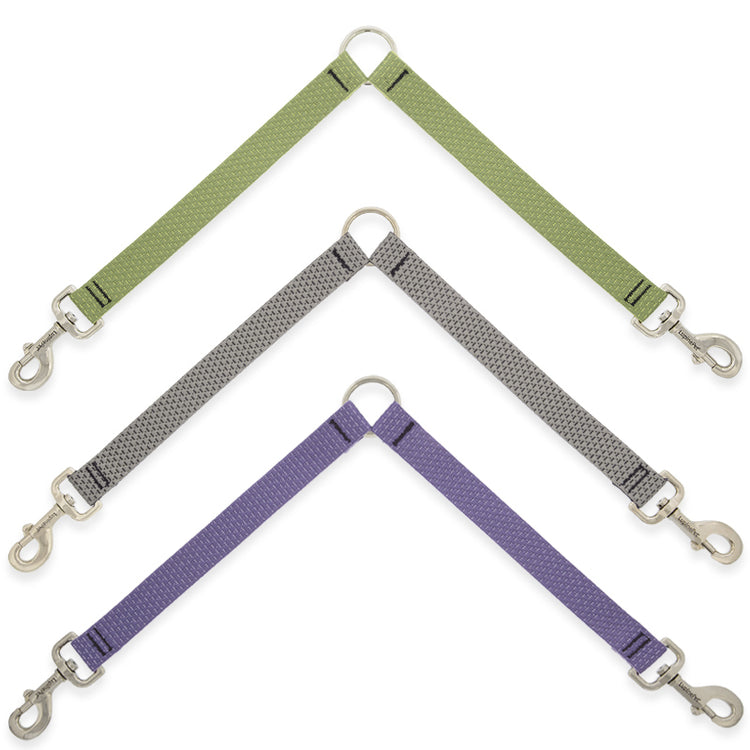 Eco Recycled Collection dog leash couplers in assorted colors on a white background
