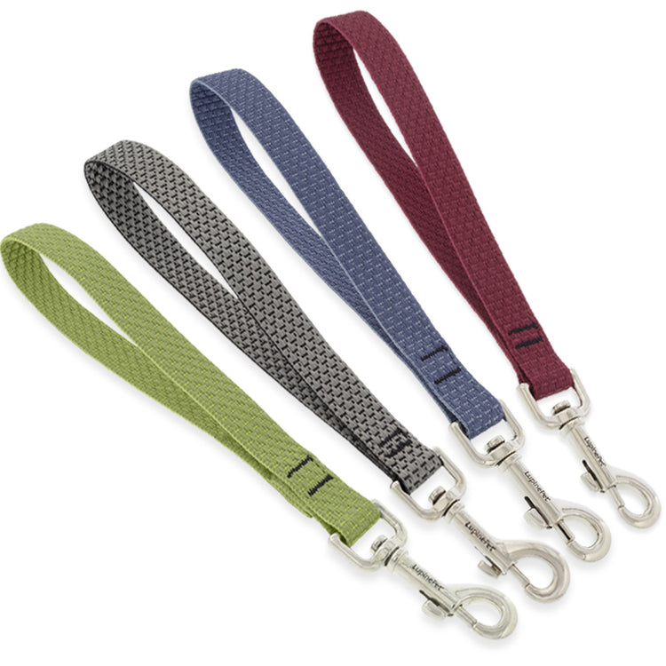 Eco collection by LupinePet training tabs extra short leash in assorted colors on a white background