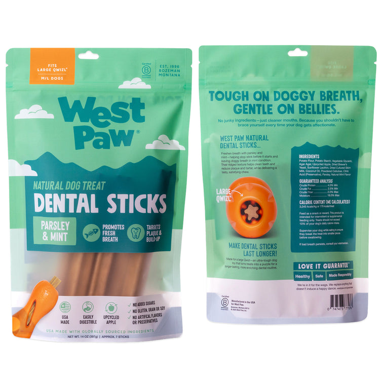 
                    
                      Large Natural Dental Sticks dog treats by West Paw that is Made in the USA. Showing back and front of the package.
                    
                  