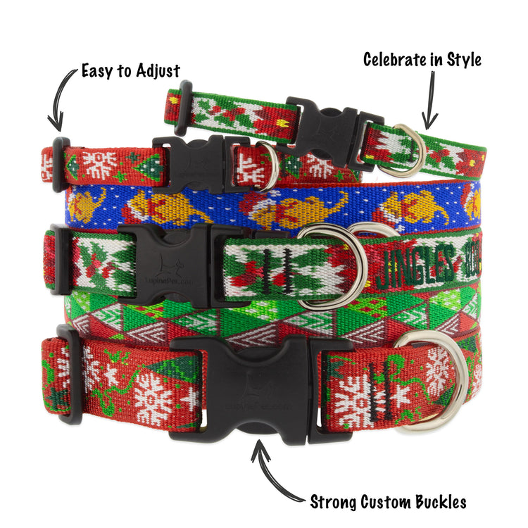 LupinePet adjustable dog collars in assorted holiday designs and sizes, featuring the highlighted product details