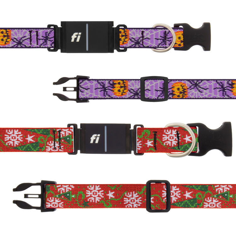 Fi-compatible dog collars with Halloween & Christmas themed designs on a white background