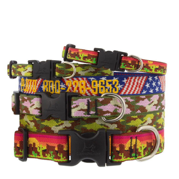 Assorted MicroBatch design dog collar in multiple size ranges on a white background