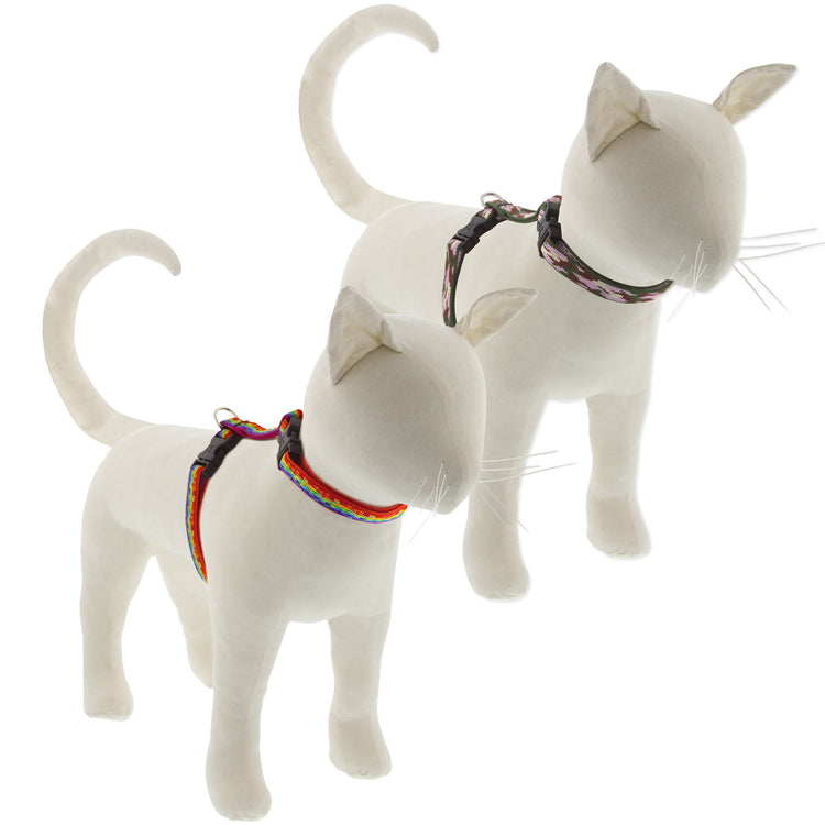 LupinePet’s Cat H-Style harness Camo Chic patter on cat model with Pixel Party on the top model cat on a white background