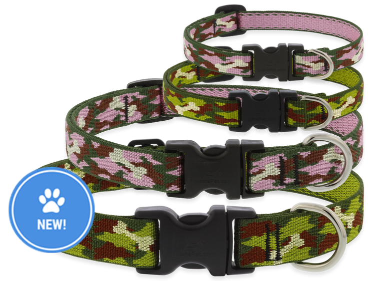 Two camouflage-patterned dog collars with black buckles on a white background, featuring a 'NEW!' badge.