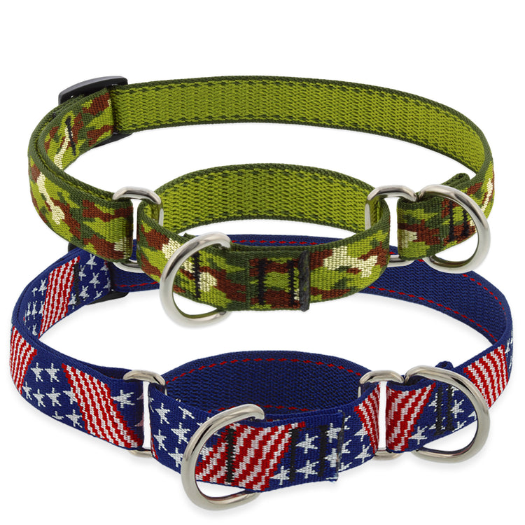 Martingale dog collars top is green and brown camo repeating pattern