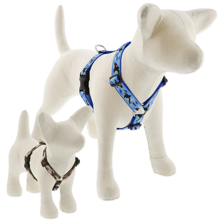 LupinePet’s Orca roman dog harness on a stuffed dog with Camo Chic roman harness on a small stuffed dog