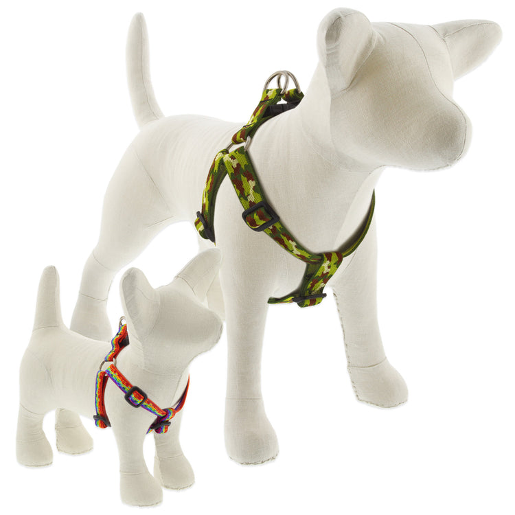 Step In harness Camo Chic on a stuffed dog and Pixel Party Step In harness on a small stuffed dog