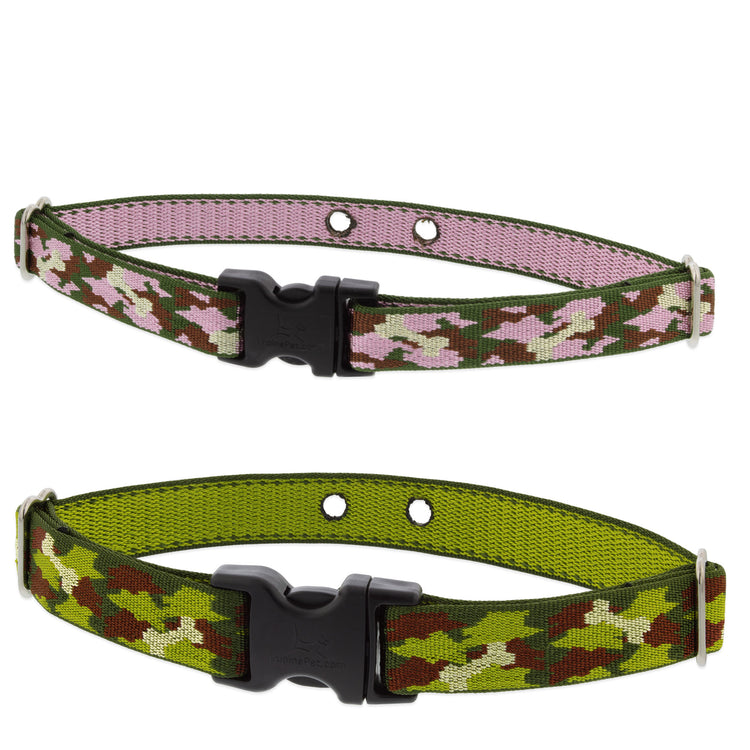 A pink, green and brown camo Underground containment collar and a green and brown camo design containment collar by LupinePet
