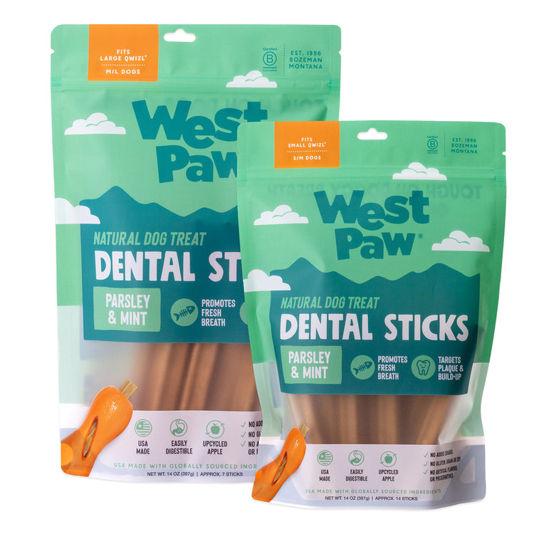 Small and Large Natural Dental Sticks dog treats by West Paw that is Made in the USA