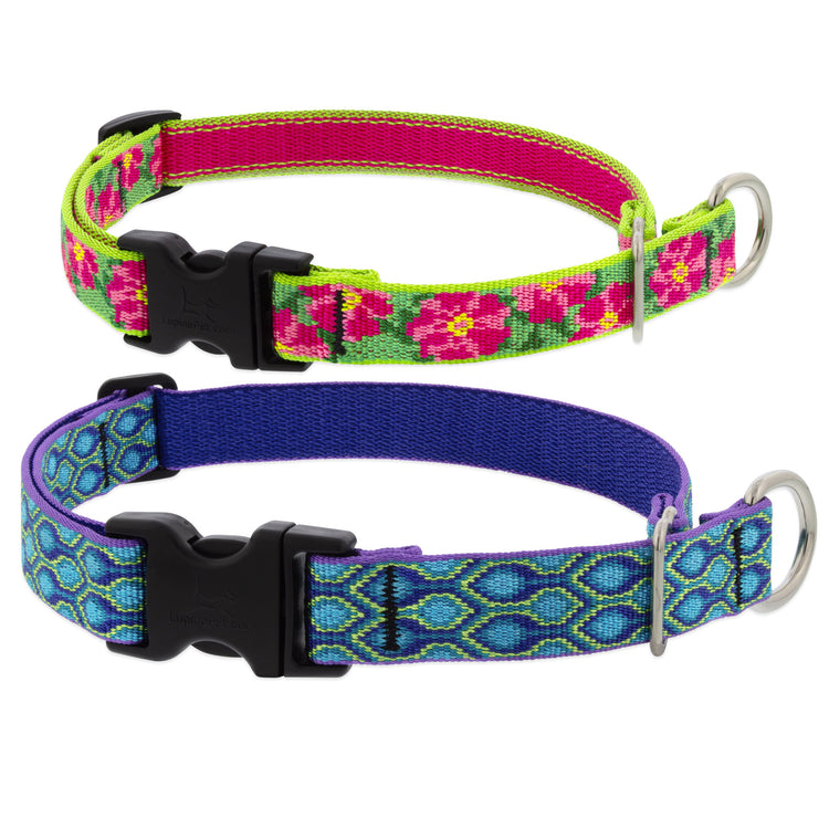 Limited Slip collar in Original Designs showing Petunias and Rain Song on a white background