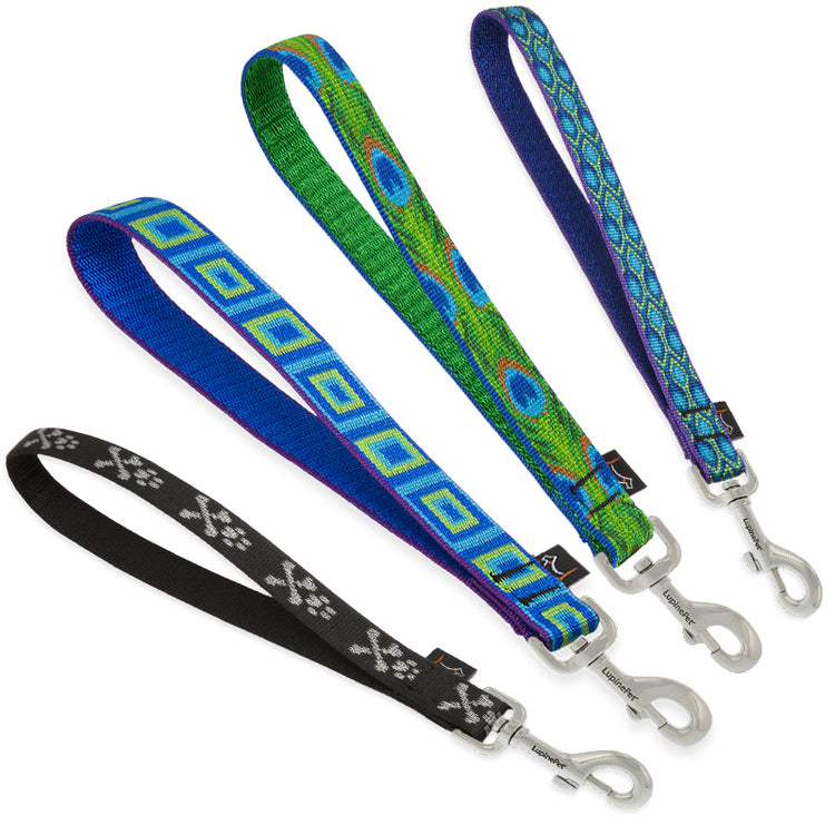 Dog leash training tabs extra short leash in assorted Original Designs on a white background