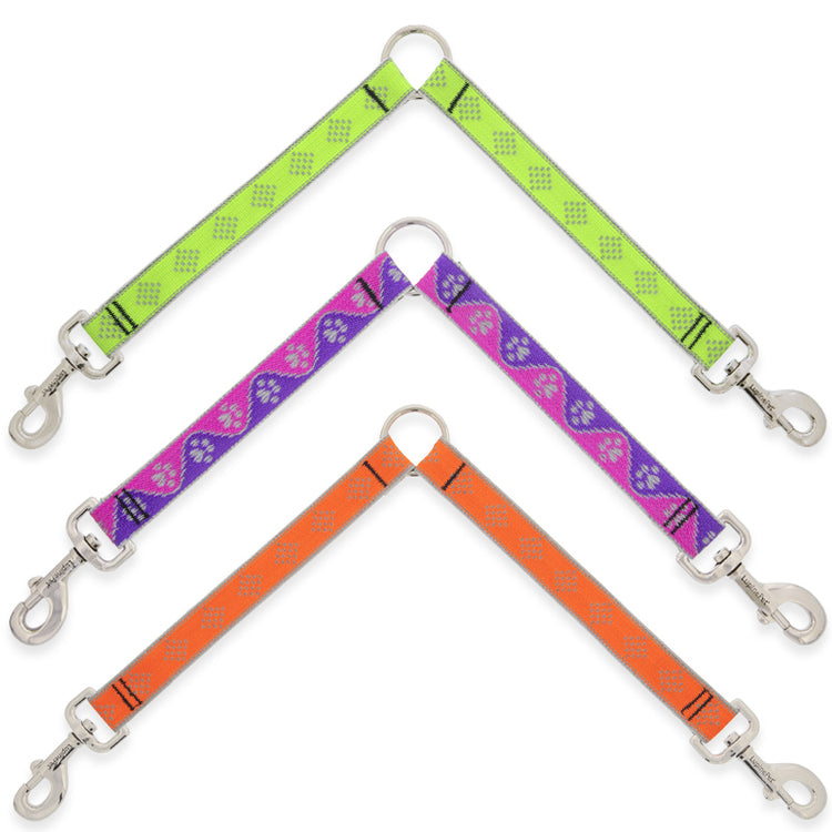 Assorted Dog leash couplers in bright reflective designs by LupinePet on a white background 