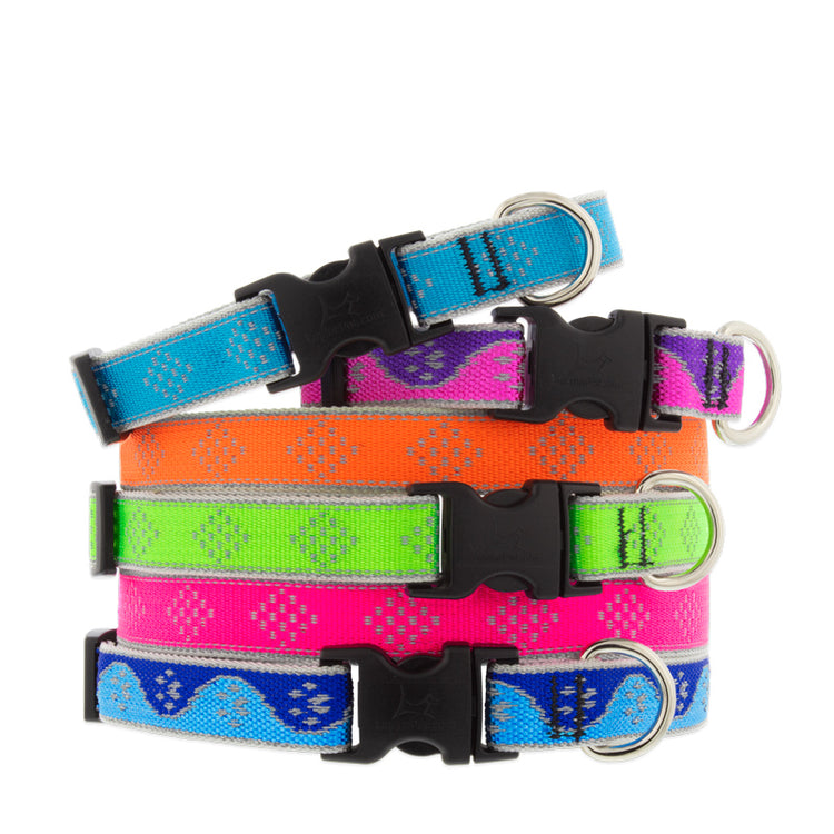 3/4" wide Adjustable Dog Collars in assorted Reflective size and colors or designs on a white background
