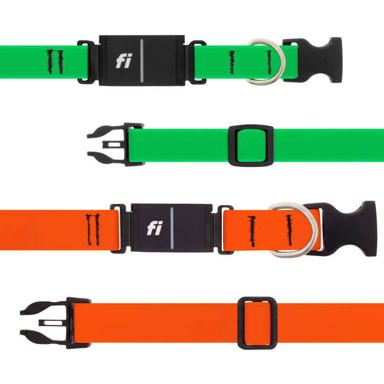 Fi-compatible dog collars green & orange on a white background