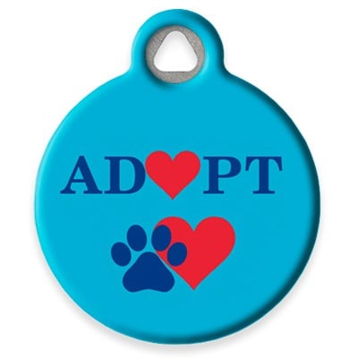 LupinePet Adopt Pet ID Tag with cyan background a red heart and dark blue paw print