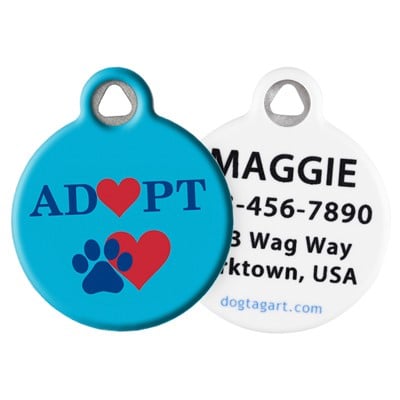 LupinePet Adopt Pet ID Tag – Cyan background with red heart and dark blue paw personalization 
