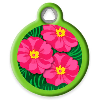 Pet ID tag by Dog Tag Art — Petunia design: pink‑magenta petunia flowers with green leaves