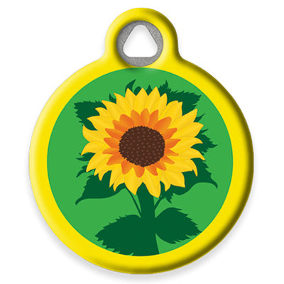 Pet ID Tag by Dog Tag Art with a yellow sunflowers design with forest green stalk on cool green bkgnd