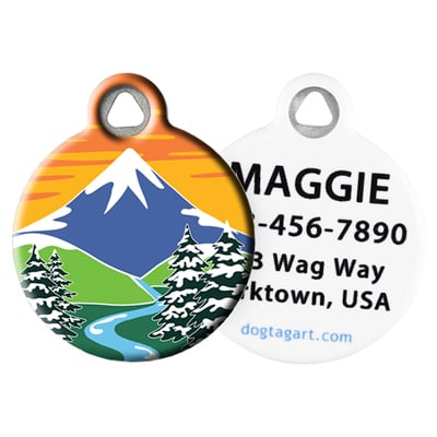 
                    
                      High Country Pet ID– Showing snowcapped Mnts with stream through valley of trees with personalization
                    
                  