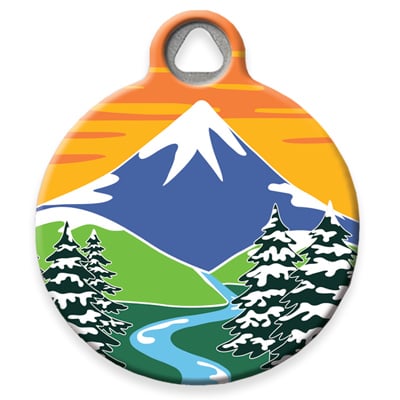 Pet ID Tag by Dog Tag Art in the High Country snowcapped mountain with river through valley of trees