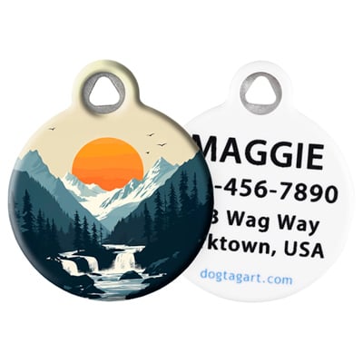
                    
                      Explore Outdoors Pet ID Tag– Showing Mountain with stream and rising sun with personalization
                    
                  