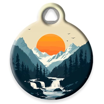 Pet ID Tag from by Dog Tag Art showing mountain stream with a setting sun of Explore Outdoors Design
