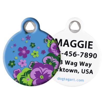 Purple Pansies Pet ID Tag by Dog Tag Art with purple and green flowers with personalization example