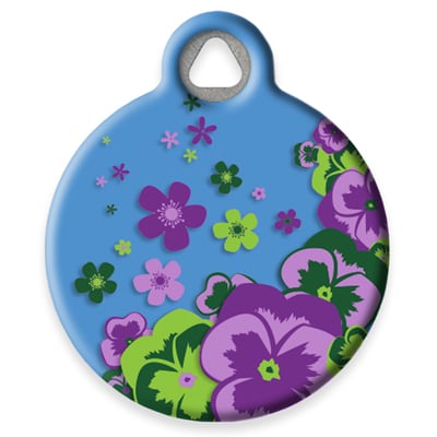 Pet ID Tag by Dog Tag Art – Purple, violet, and green pansies flowers on cornflower blue background