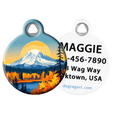 
                    
                      Mount Rainer Pet ID Tag by Dog Tag Art – Snowcapped Mtn fall scene with personalization example.
                    
                  