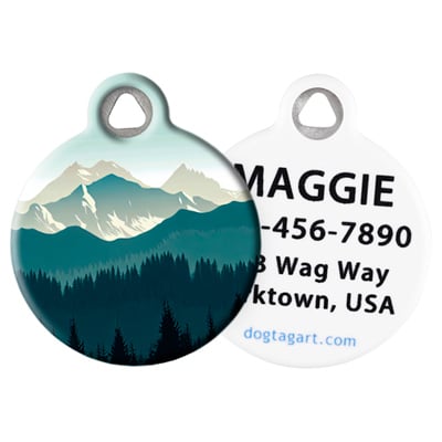 
                    
                      Pacific Northwest Pet ID Tag– Mtn range with teal green hills with personalization example
                    
                  