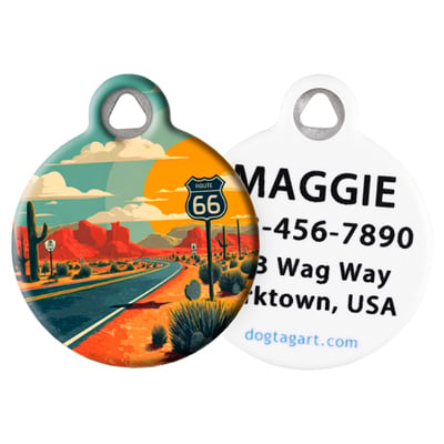 
                    
                      Route 66 Pet ID Tag by Dog Tag Art – Southwest desert road during the day with personalization.
                    
                  