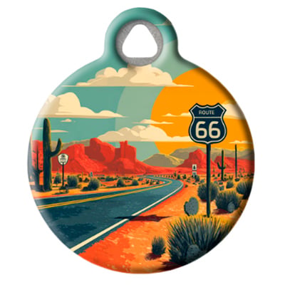 Pet ID Tag by Dog Tag Art with Route 66 through the southwest desert with a sunny sky with clouds