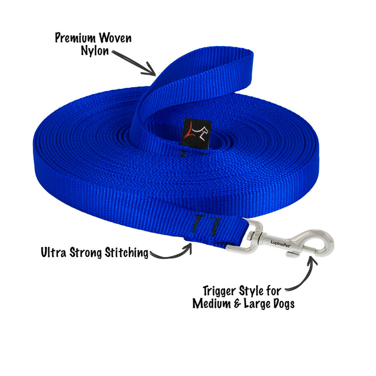 Lupine Pet 3/4in wide 30 ft Blue Training Lead in the Basic Solids Collection