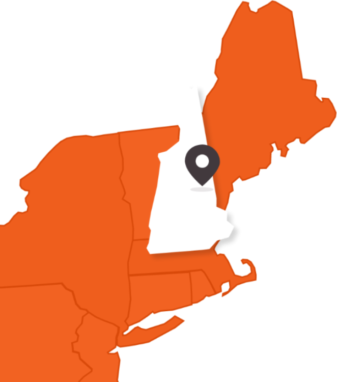 Map of New Hampshire with a black location pin on a white background