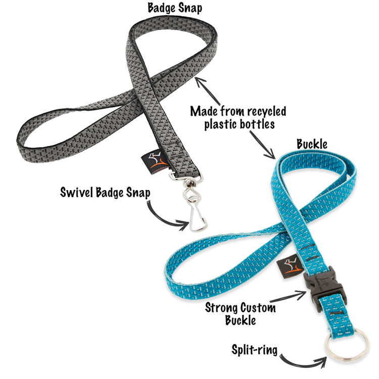 
                    
                      Badge-Snap and Buckle Style Lanyards in LupinePet Eco Colors. Made from recycled plastic bottles.
                    
                  